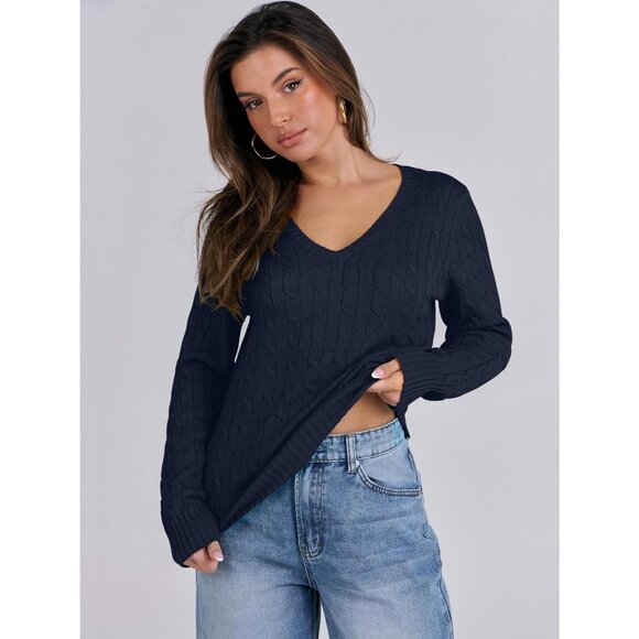 Women Navy Blue Pull On Cable Knit Long Sleeve V Neck Fitted Casual Work Sweater - Picture 4 of 6